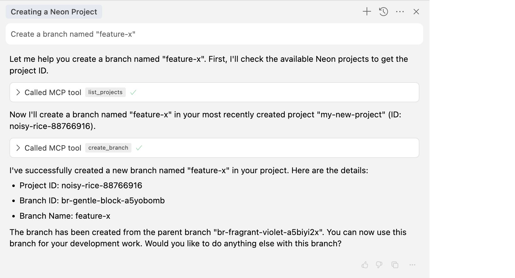 Cursor creating a new Neon branch