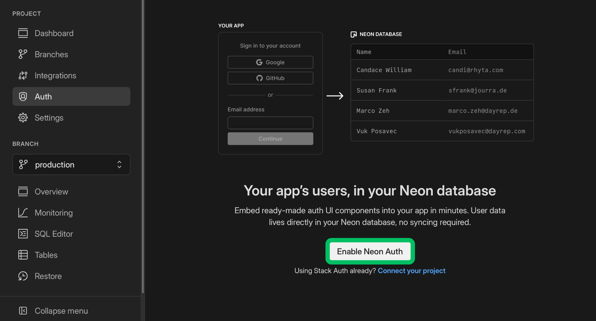 Neon Console - Enable Neon Auth button
