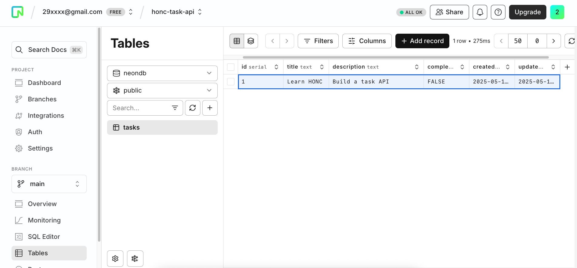 Neon console - Tasks table with new task